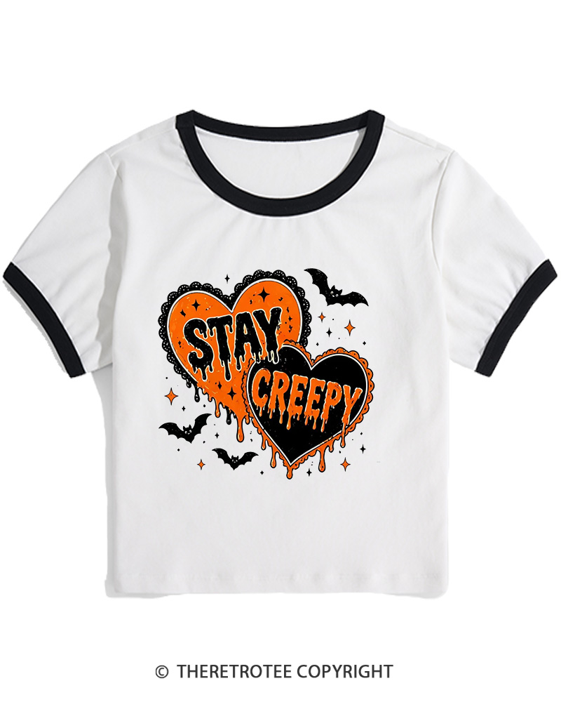 TheRetroTee Stay Creepy 1990s Women's Ringer T-Shirt
