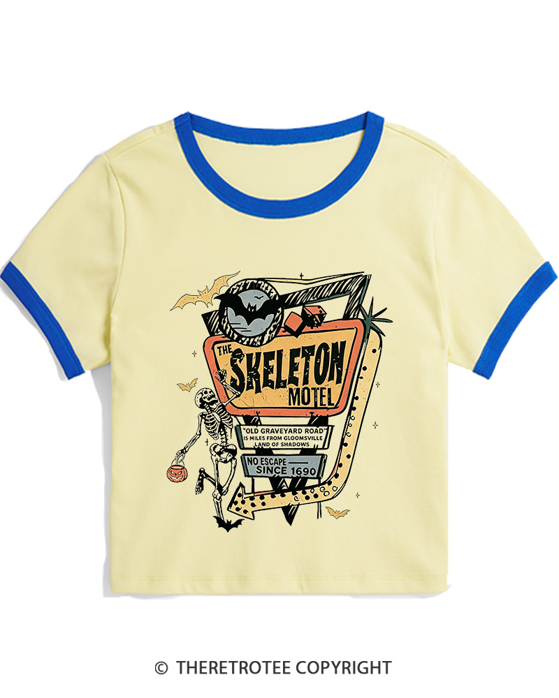 TheRetroTee The Skeleton Motel 1980s Women's Ringer T-Shirt