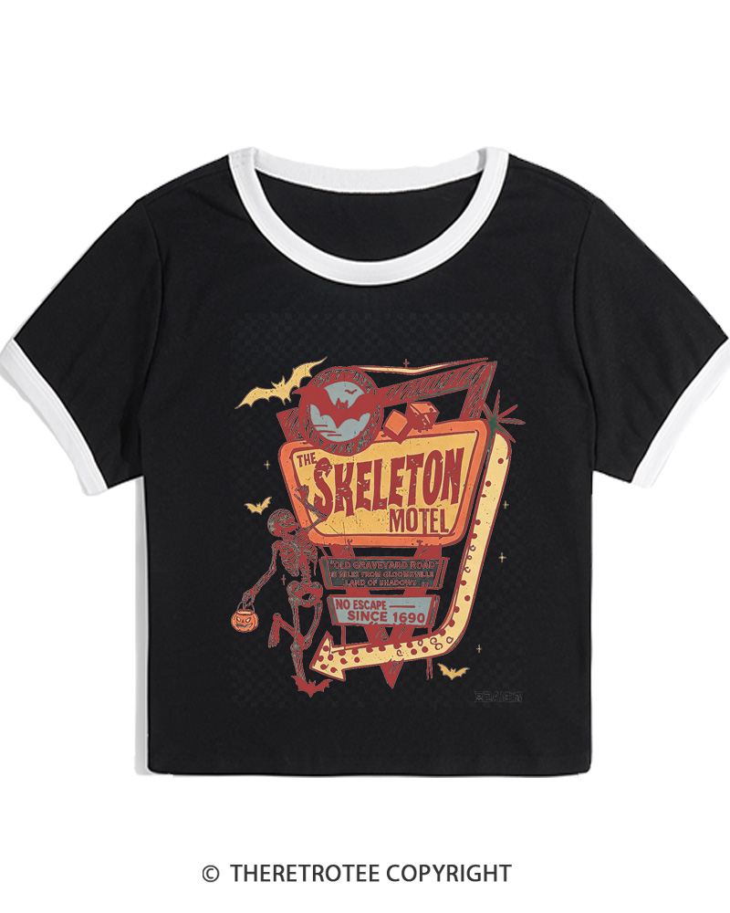 TheRetroTee The Skeleton Motel 1980s Women's Ringer T-Shirt