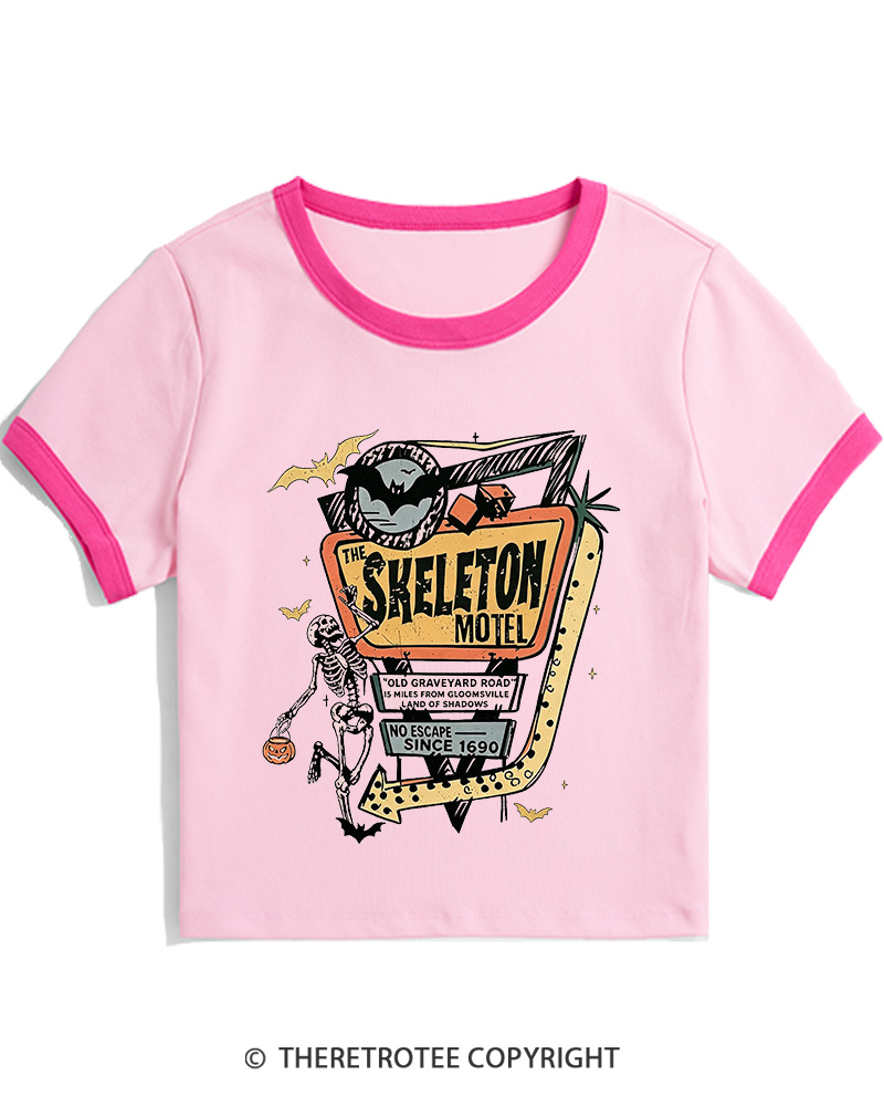 TheRetroTee The Skeleton Motel 1980s Women's Ringer T-Shirt