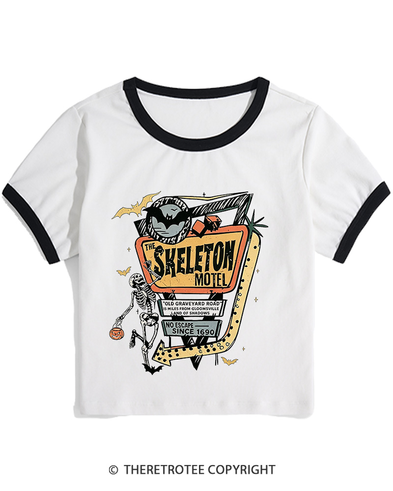TheRetroTee The Skeleton Motel 1980s Women's Ringer T-Shirt