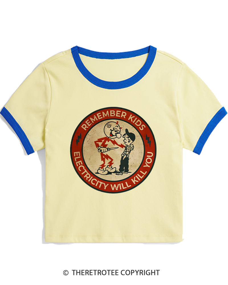 TheRetroTee Electricity Will Kill You Kids 1950s Women's Ringer T-shirt
