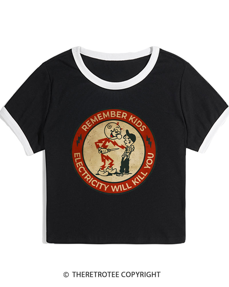 TheRetroTee Electricity Will Kill You Kids 1950s Women's Ringer T-shirt