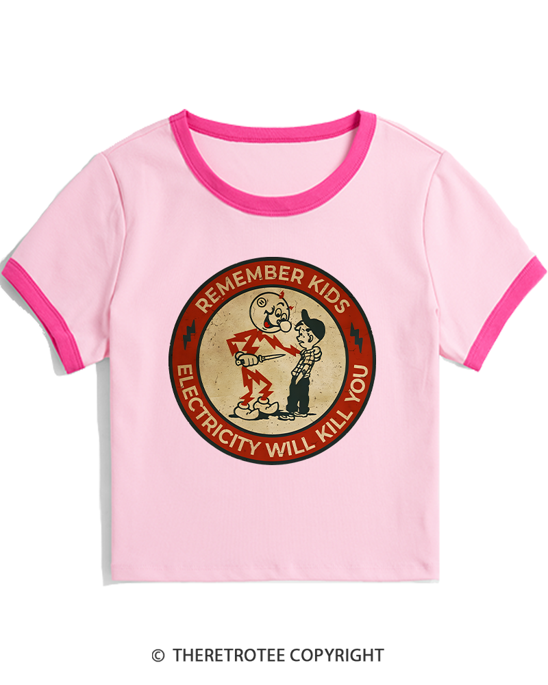 TheRetroTee Electricity Will Kill You Kids 1950s Women's Ringer T-shirt