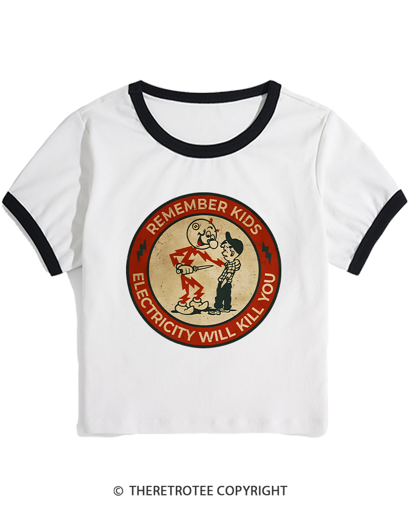 TheRetroTee Electricity Will Kill You Kids 1950s Women's Ringer T-shirt