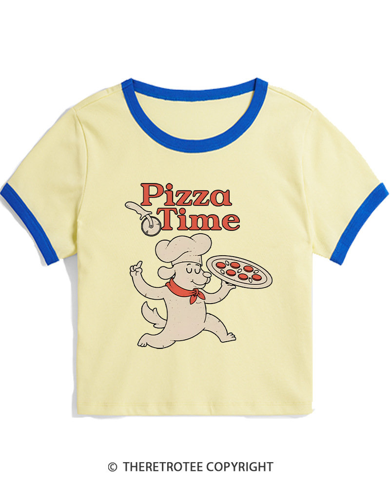 TheRetroTee Happy Dog Pizza Time 1970s Women's Ringer T-shirt