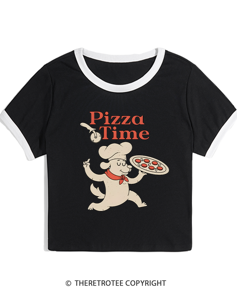 TheRetroTee Happy Dog Pizza Time 1970s Women's Ringer T-shirt