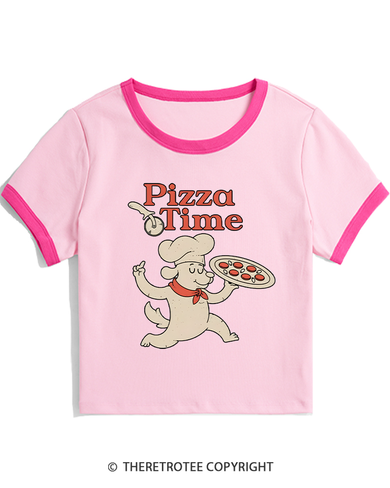 TheRetroTee Happy Dog Pizza Time 1970s Women's Ringer T-shirt