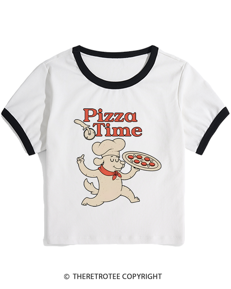 TheRetroTee Happy Dog Pizza Time 1970s Women's Ringer T-shirt