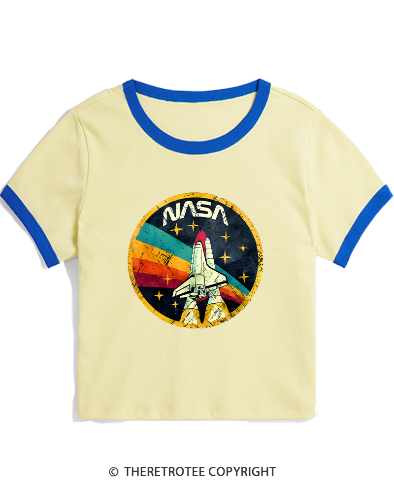 TheRetroTee Orbital Launch Program 1970s Women's Ringer T-shirt