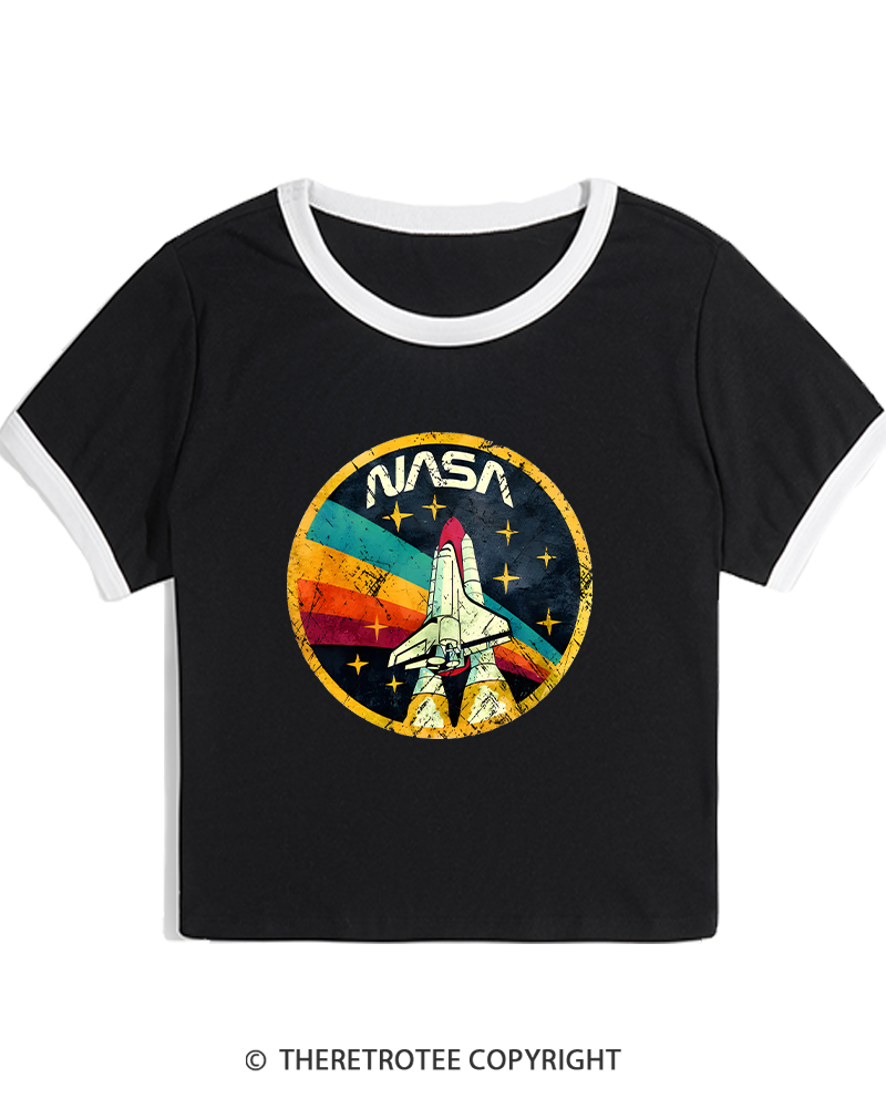 TheRetroTee Orbital Launch Program 1970s Women's Ringer T-shirt