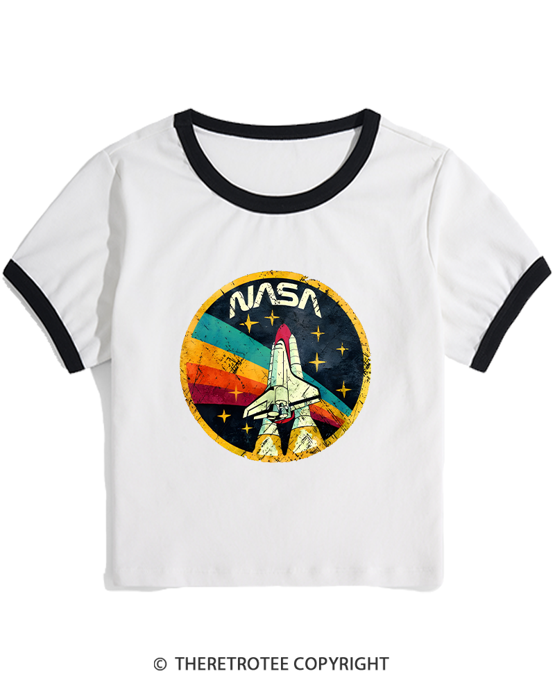 TheRetroTee Orbital Launch Program 1970s Women's Ringer T-shirt