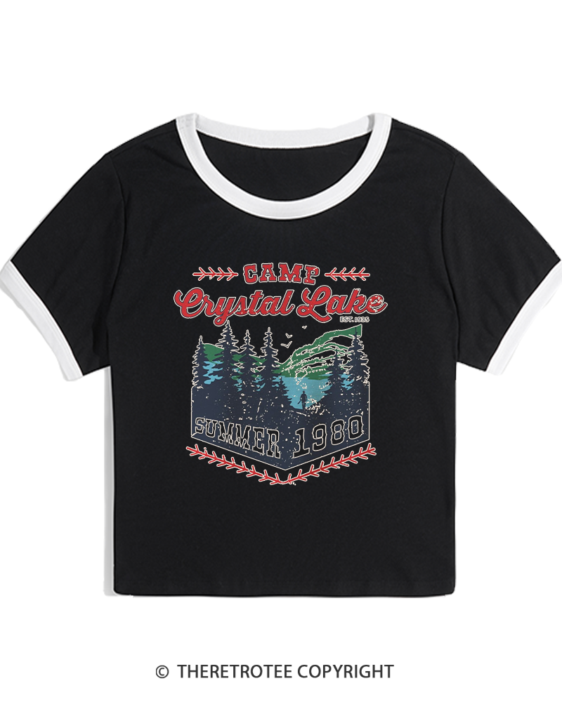 TheRetroTee 1980s Crystal Lake Camp Inspired Horror Women's Ringer T-shirt