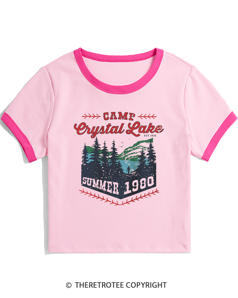 TheRetroTee 1980s Crystal Lake Camp Inspired Horror Women's Ringer T-shirt