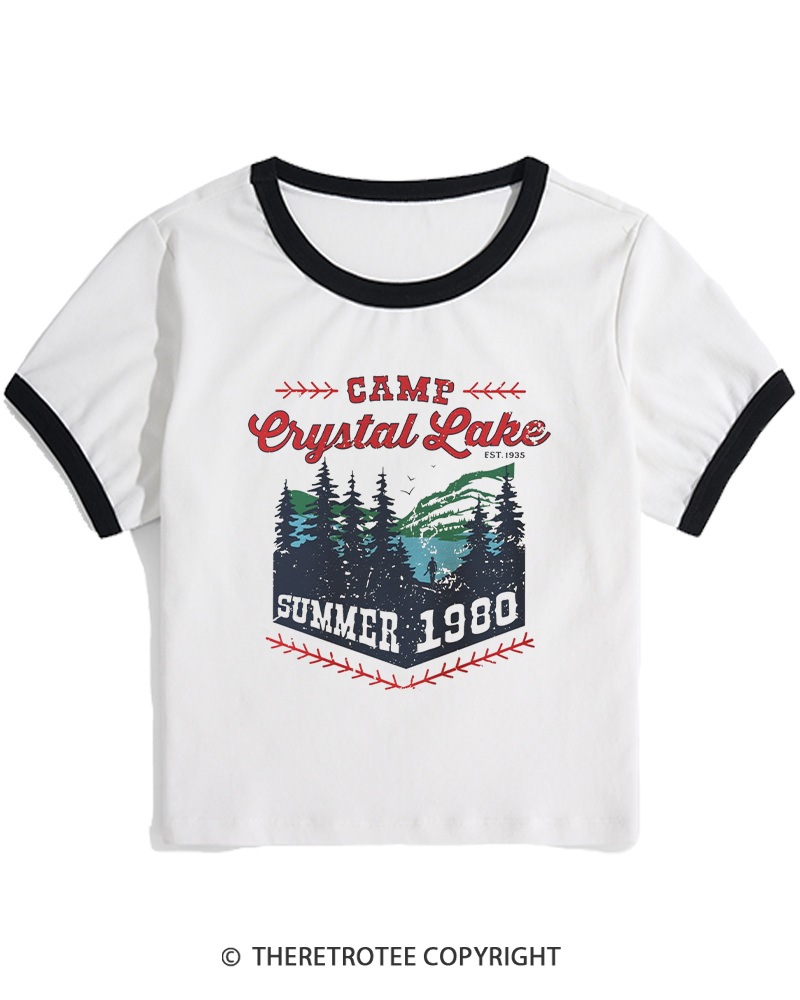 TheRetroTee 1980s Crystal Lake Camp Inspired Horror Women's Ringer T-shirt