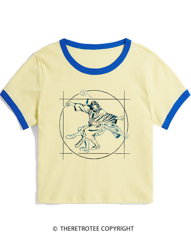 TheRetroTee Vitruvian Dude Blue Big Lebowski The Dude Tai Chi Women's Ringer T-shirt