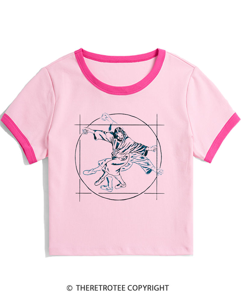 TheRetroTee Vitruvian Dude Blue Big Lebowski The Dude Tai Chi Women's Ringer T-shirt