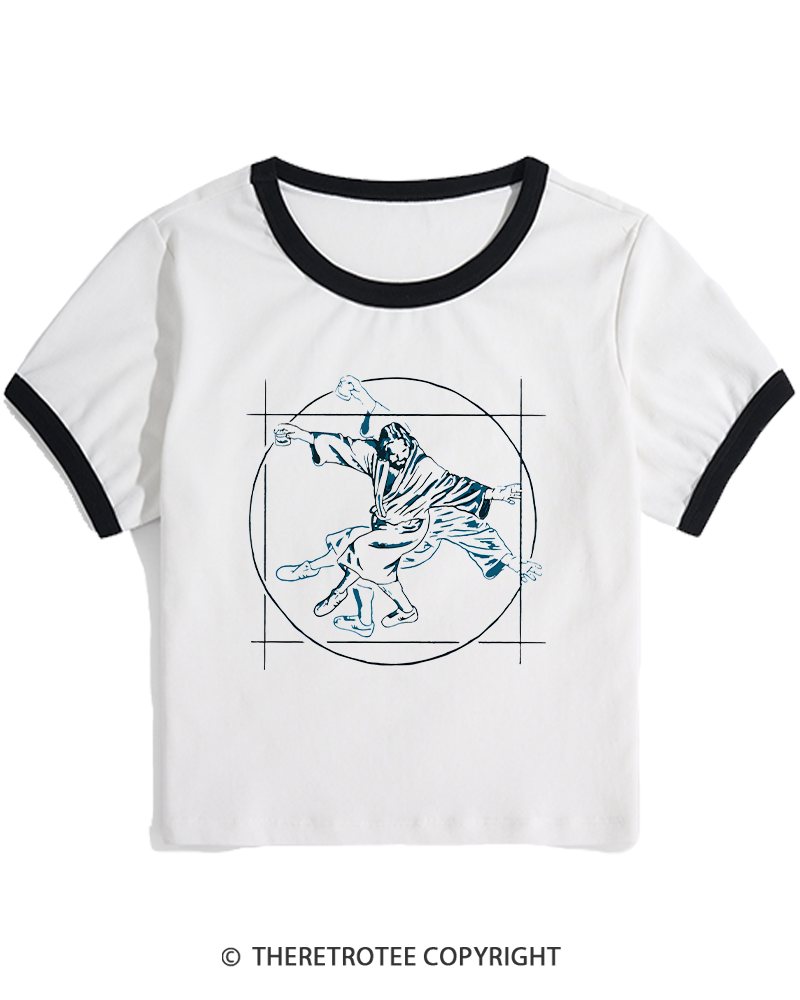 TheRetroTee Vitruvian Dude Blue Big Lebowski The Dude Tai Chi Women's Ringer T-shirt