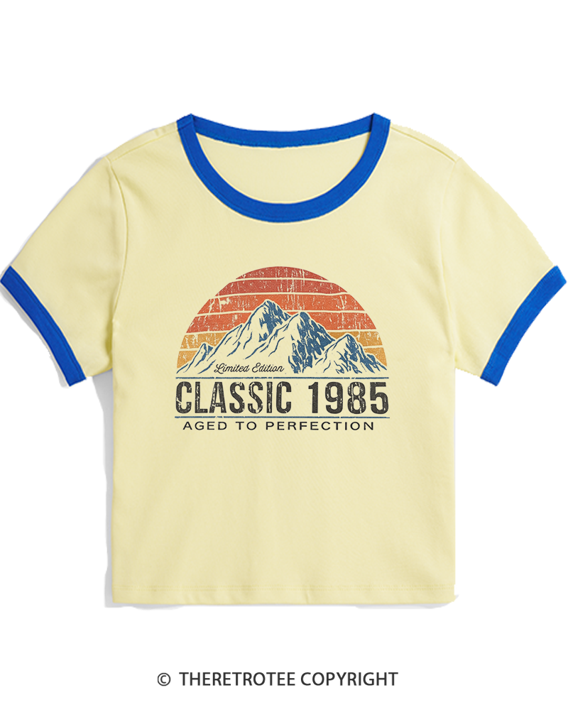 TheRetroTee 1985 Classic Mountain & Sunset Personalized Custom Year 1980s Women's Ringer T-shirt
