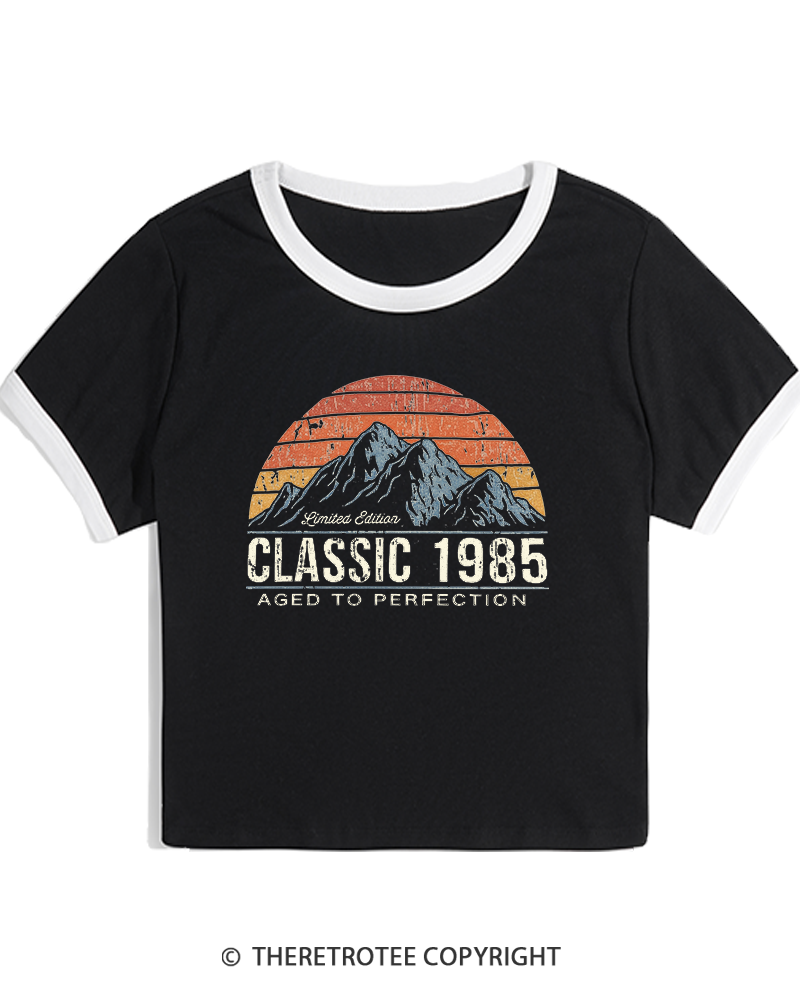 TheRetroTee 1985 Classic Mountain & Sunset Personalized Custom Year 1980s Women's Ringer T-shirt