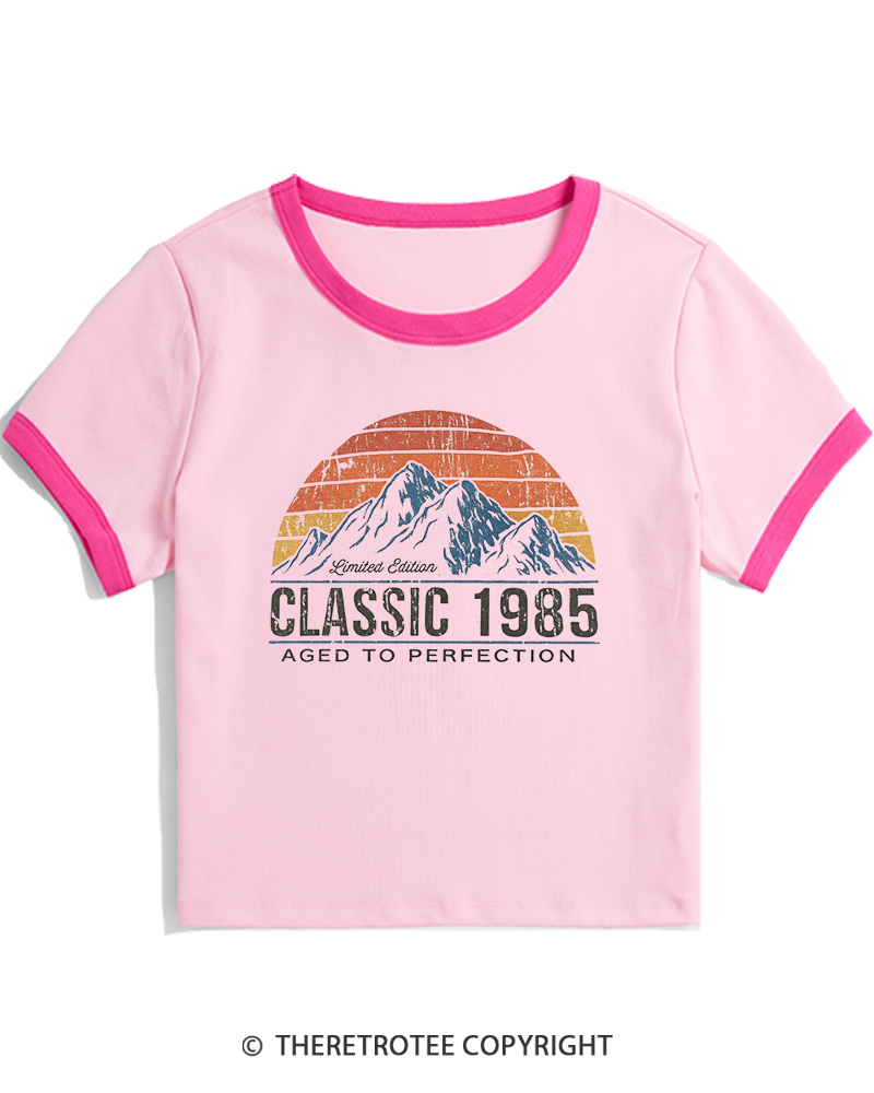 TheRetroTee 1985 Classic Mountain & Sunset Personalized Custom Year 1980s Women's Ringer T-shirt