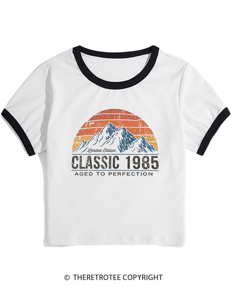 TheRetroTee 1985 Classic Mountain & Sunset Personalized Custom Year 1980s Women's Ringer T-shirt