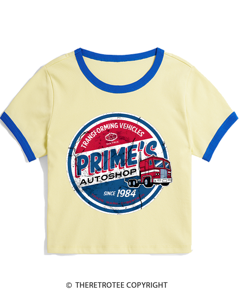TheRetroTee Prime’s Autoshop 1980s Women's Ringer T-shirt