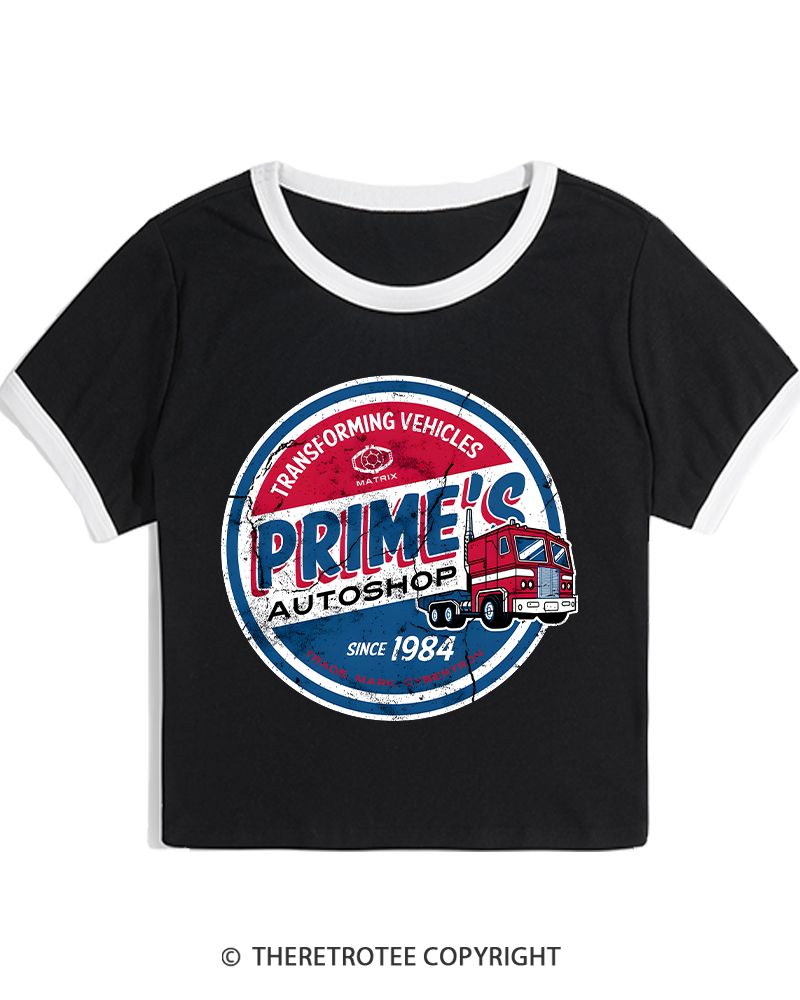 TheRetroTee Prime’s Autoshop 1980s Women's Ringer T-shirt