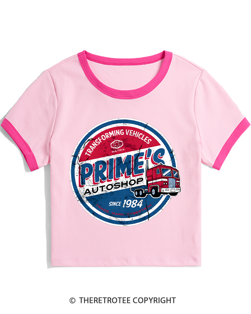 TheRetroTee Prime’s Autoshop 1980s Women's Ringer T-shirt