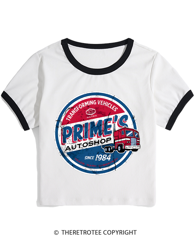 TheRetroTee Prime’s Autoshop 1980s Women's Ringer T-shirt