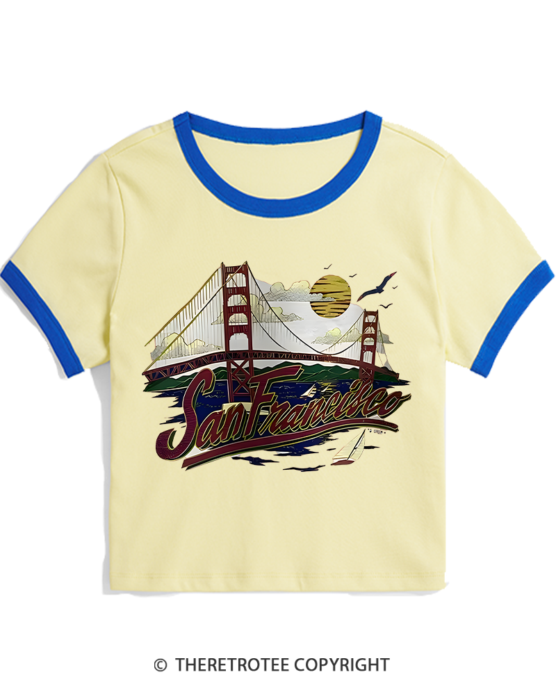 TheRetroTee Golden Gate Bridge 1980s Women's Ringer T-shirt