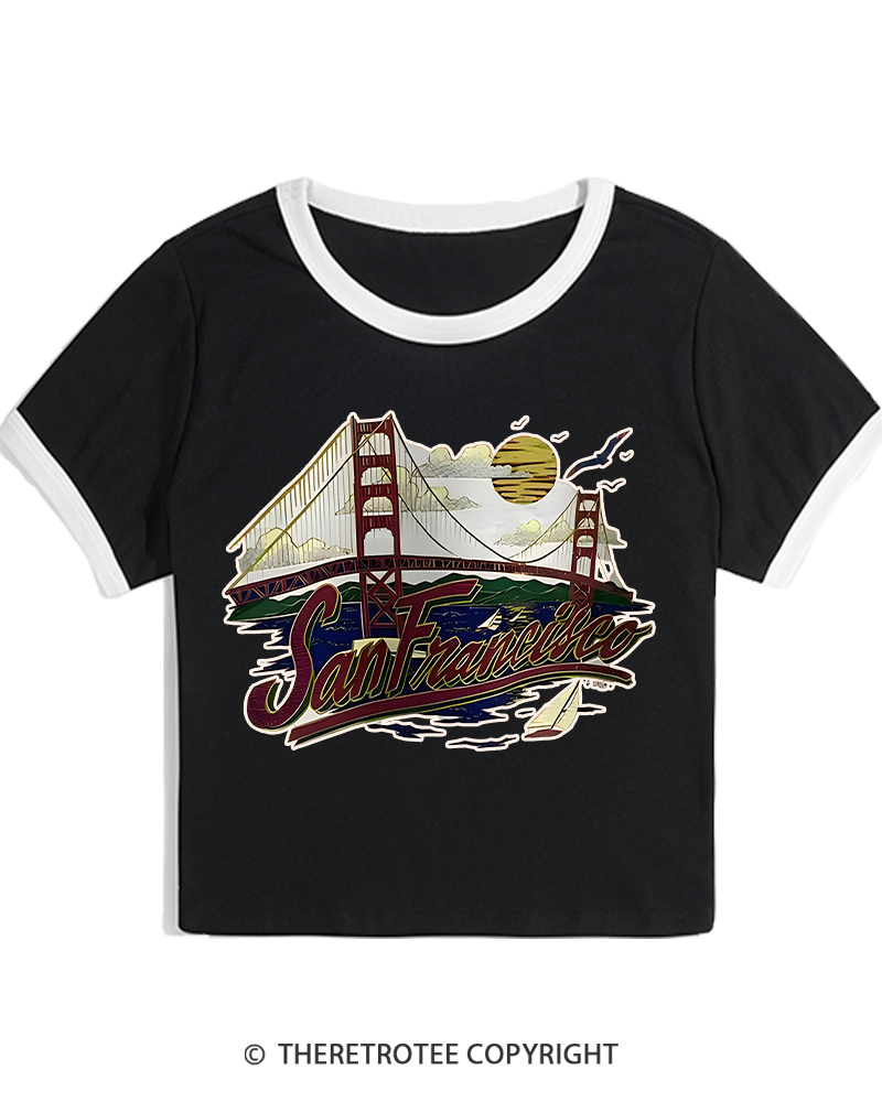 TheRetroTee Golden Gate Bridge 1980s Women's Ringer T-shirt