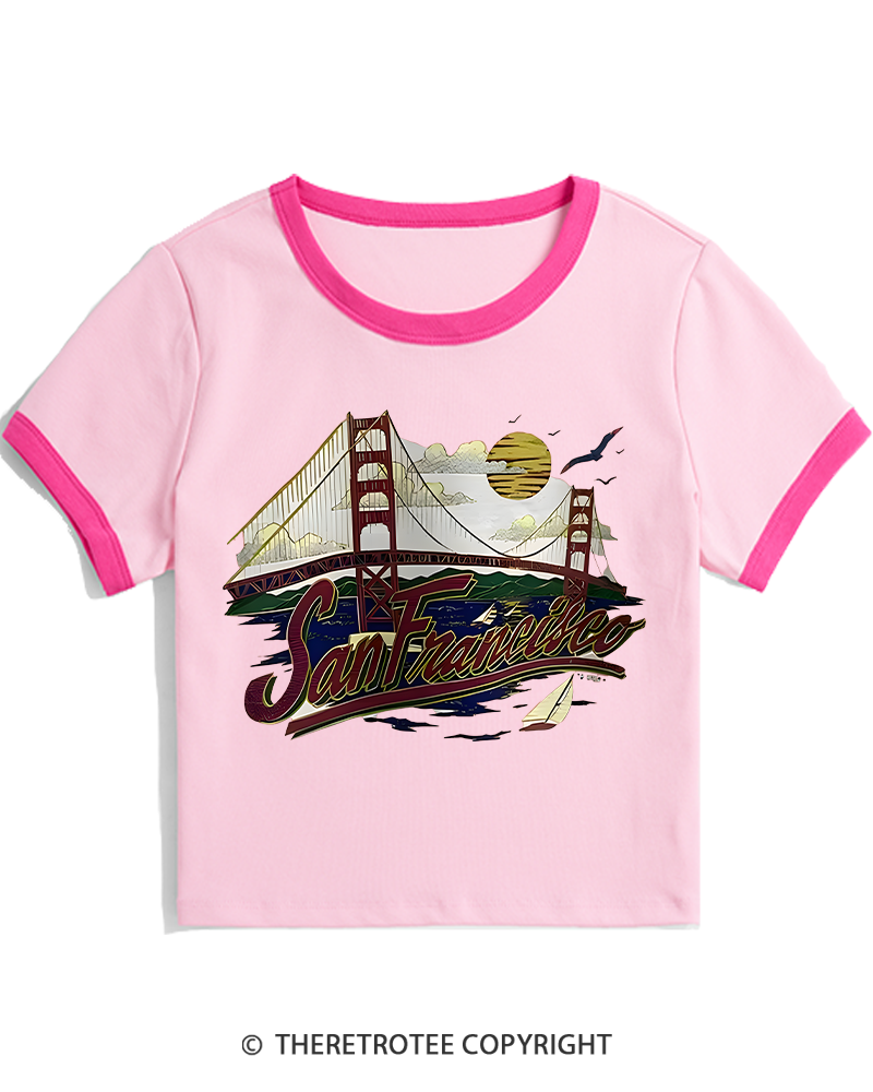 TheRetroTee Golden Gate Bridge 1980s Women's Ringer T-shirt