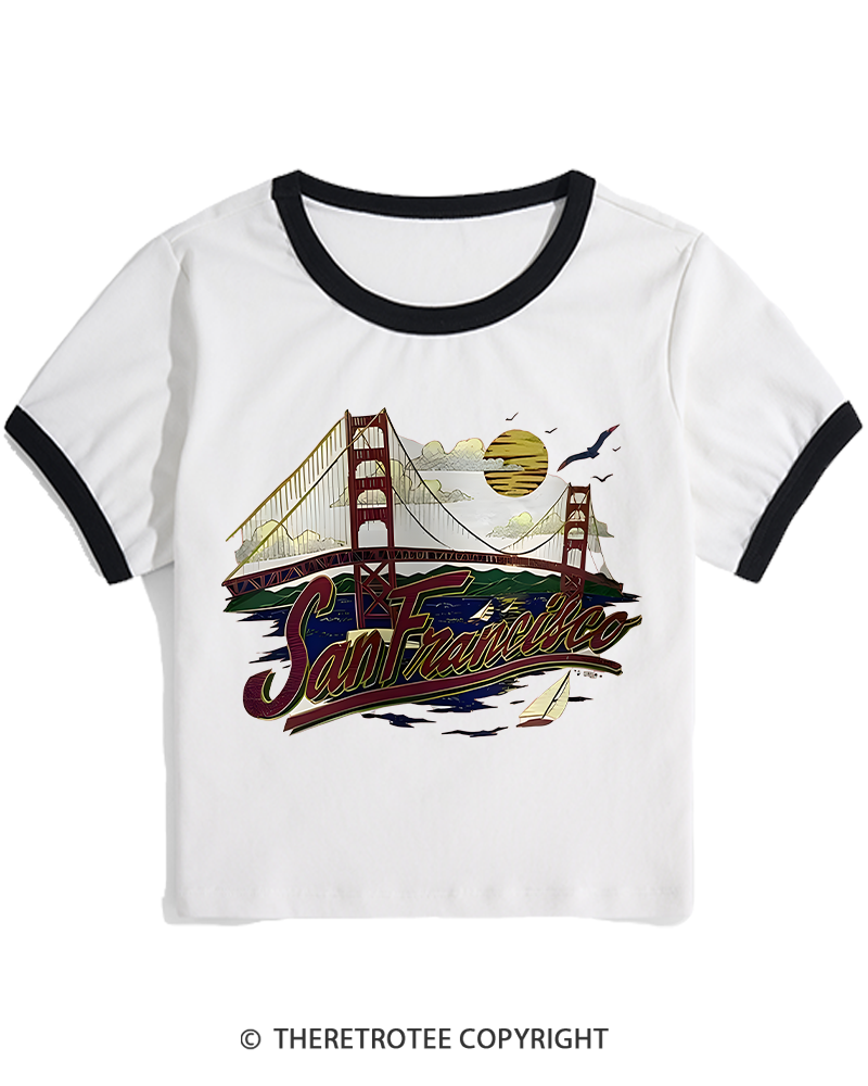 TheRetroTee Golden Gate Bridge 1980s Women's Ringer T-shirt