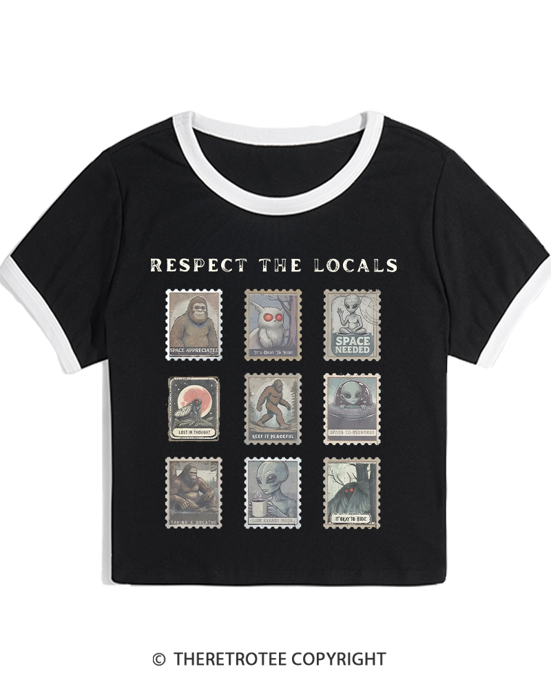 TheRetroTee Respect the Locals Cryptid 1970s Women's Ringer T-shirt