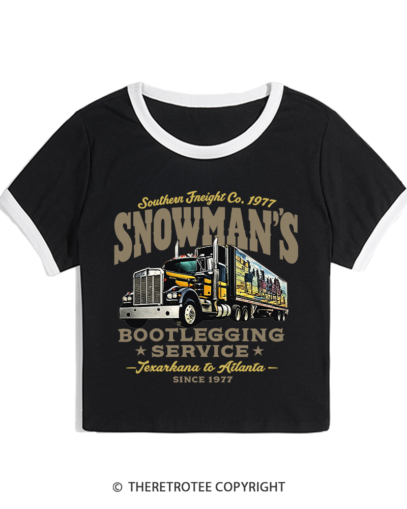 TheRetroTee Snowman's Bootlegging Service 1970s Women's Ringer T-shirt