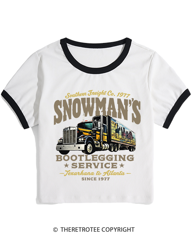 TheRetroTee Snowman's Bootlegging Service 1970s Women's Ringer T-shirt