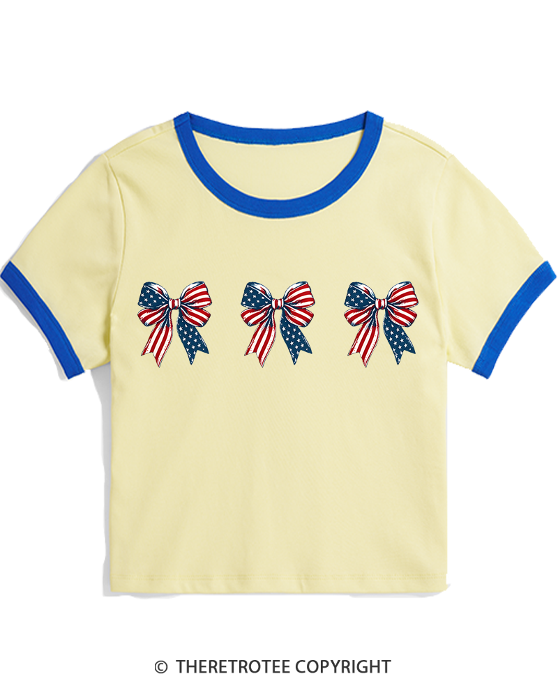 TheRetroTee Patriotic Bows Row 1970s Women's Ringer T-shirt