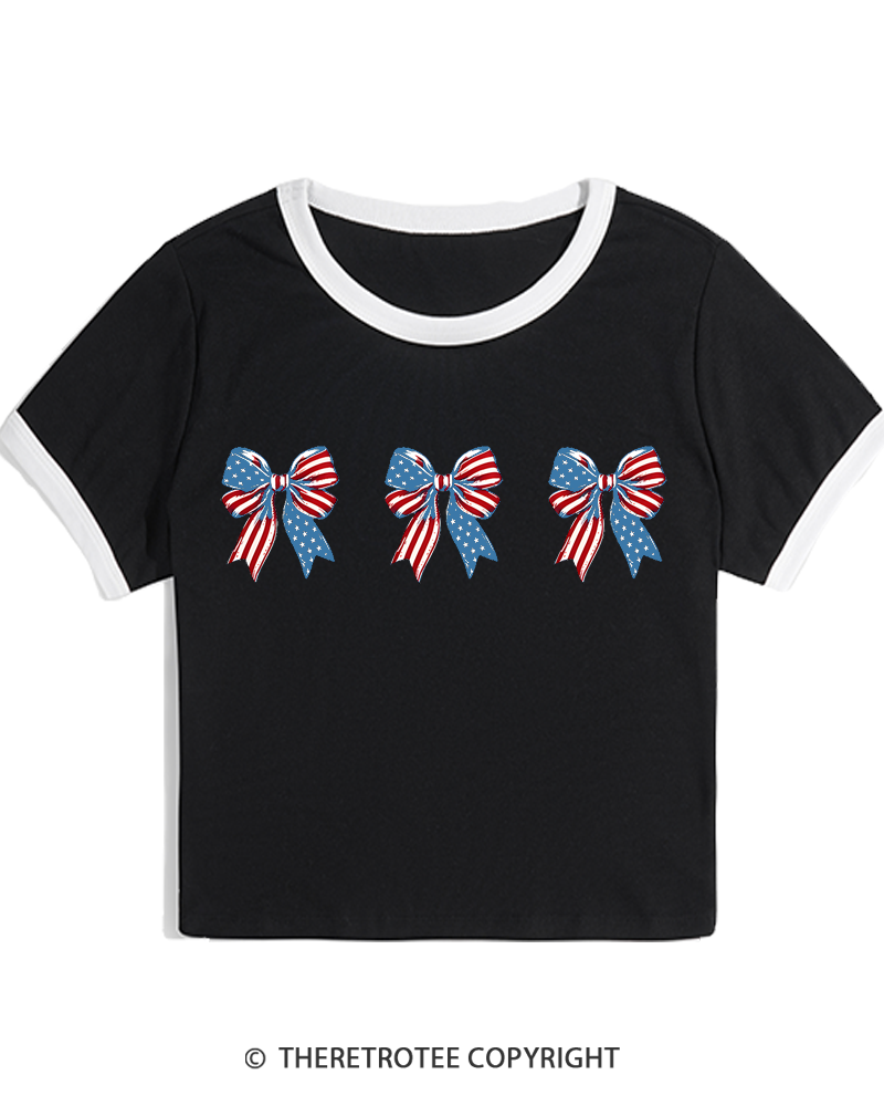 TheRetroTee Patriotic Bows Row 1970s Women's Ringer T-shirt