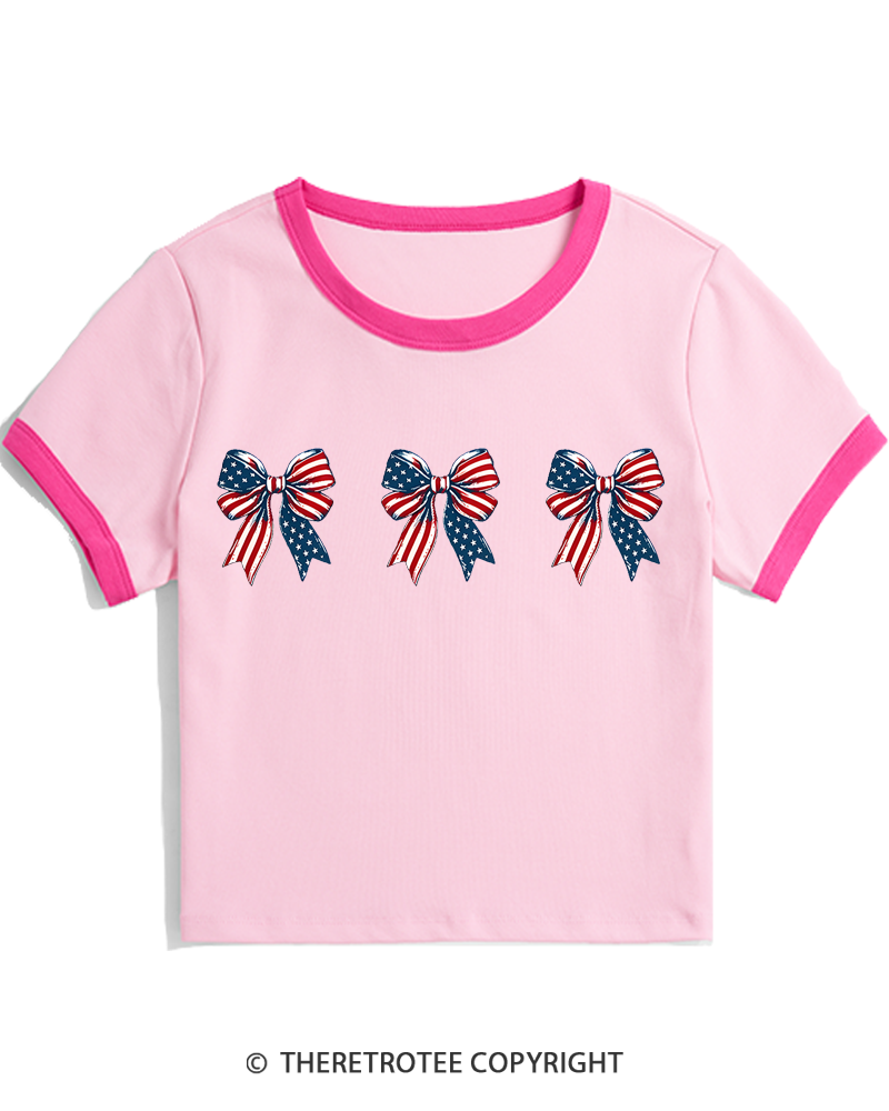 TheRetroTee Patriotic Bows Row 1970s Women's Ringer T-shirt