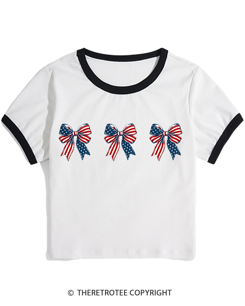 TheRetroTee Patriotic Bows Row 1970s Women's Ringer T-shirt