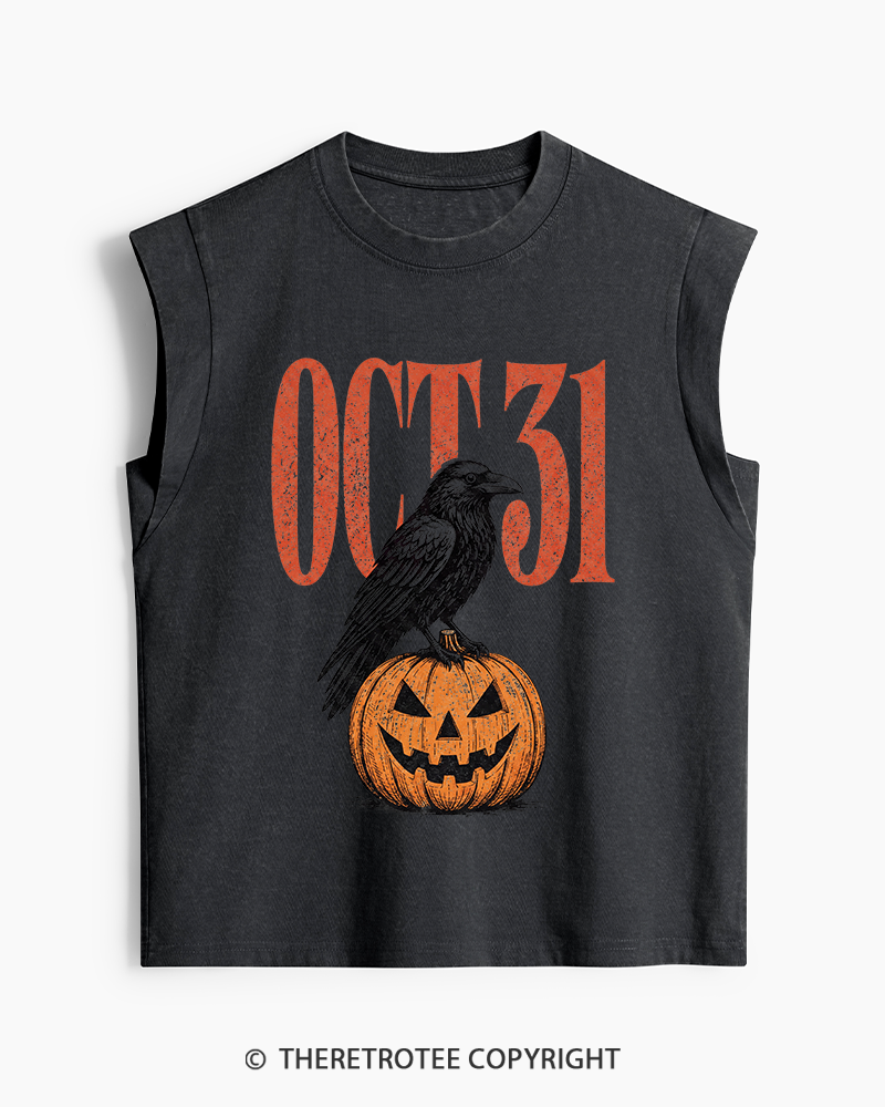 TheRetroTee Halloween Crow Pumpkin October 31 Washed Tank Top