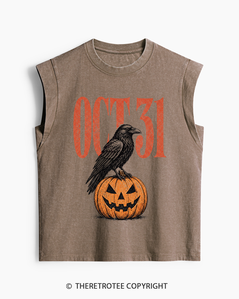 TheRetroTee Halloween Crow Pumpkin October 31 Washed Tank Top