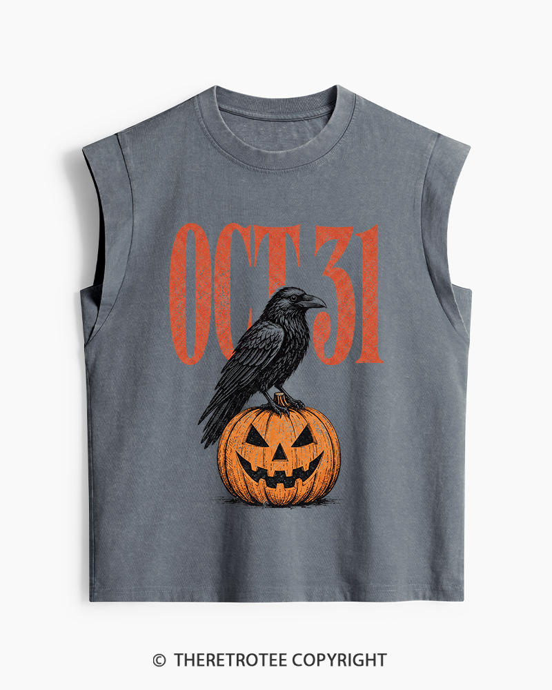 TheRetroTee Halloween Crow Pumpkin October 31 Washed Tank Top
