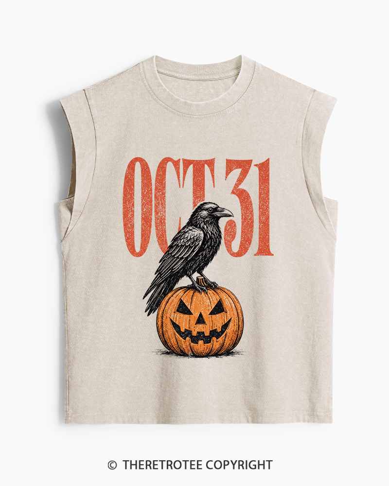 TheRetroTee Halloween Crow Pumpkin October 31 Washed Tank Top