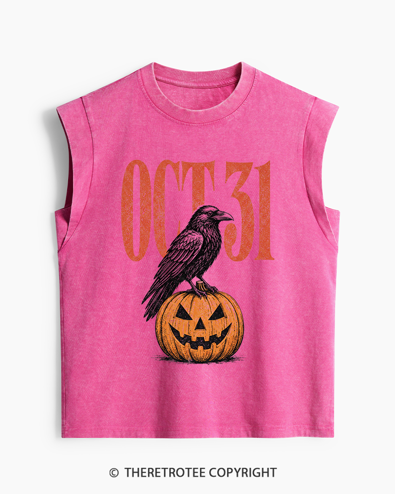 TheRetroTee Halloween Crow Pumpkin October 31 Washed Tank Top