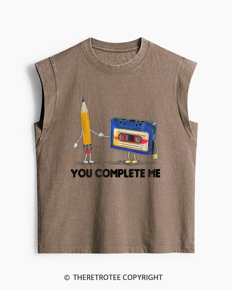 TheRetroTee You Complete Me Pencil & Cassette 1980s Washed Tank Top