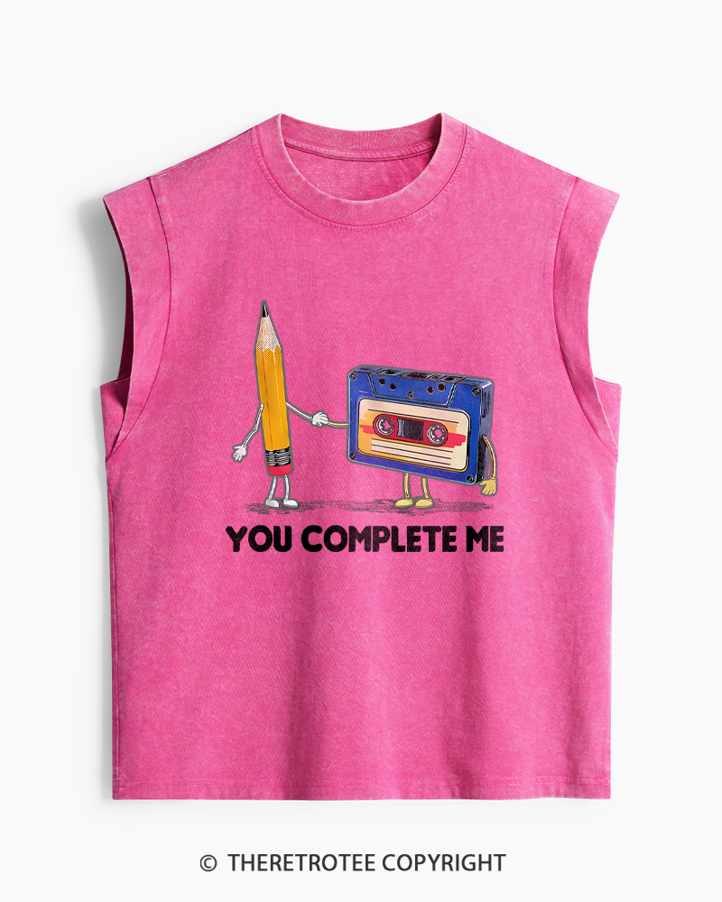 TheRetroTee You Complete Me Pencil & Cassette 1980s Washed Tank Top
