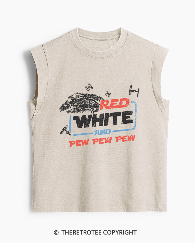 TheRetroTee Red White And Pew Pew Pew 1980s Washed Tank Top