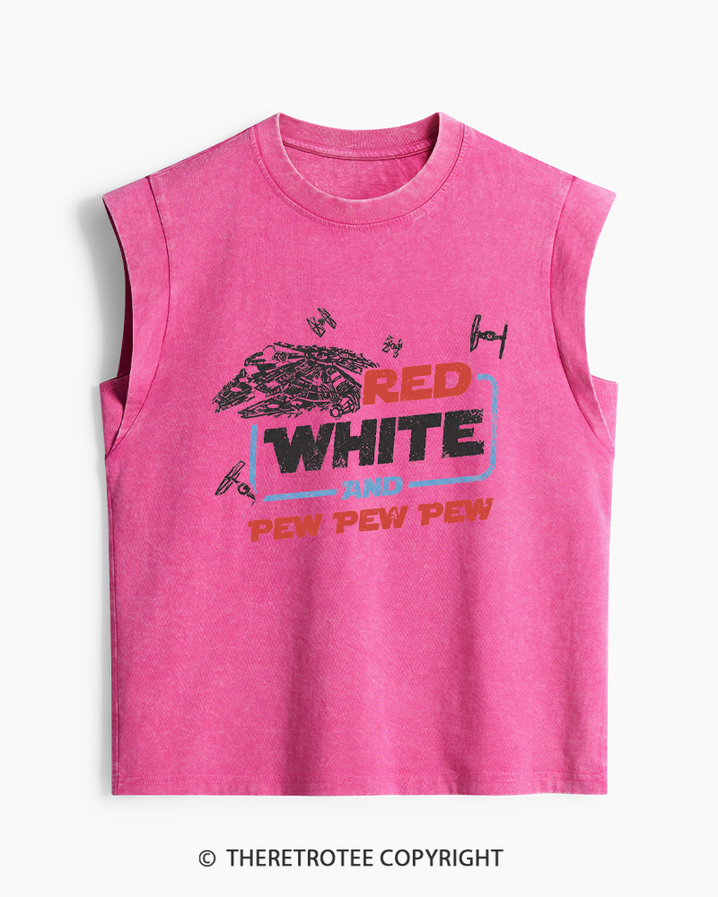 TheRetroTee Red White And Pew Pew Pew 1980s Washed Tank Top